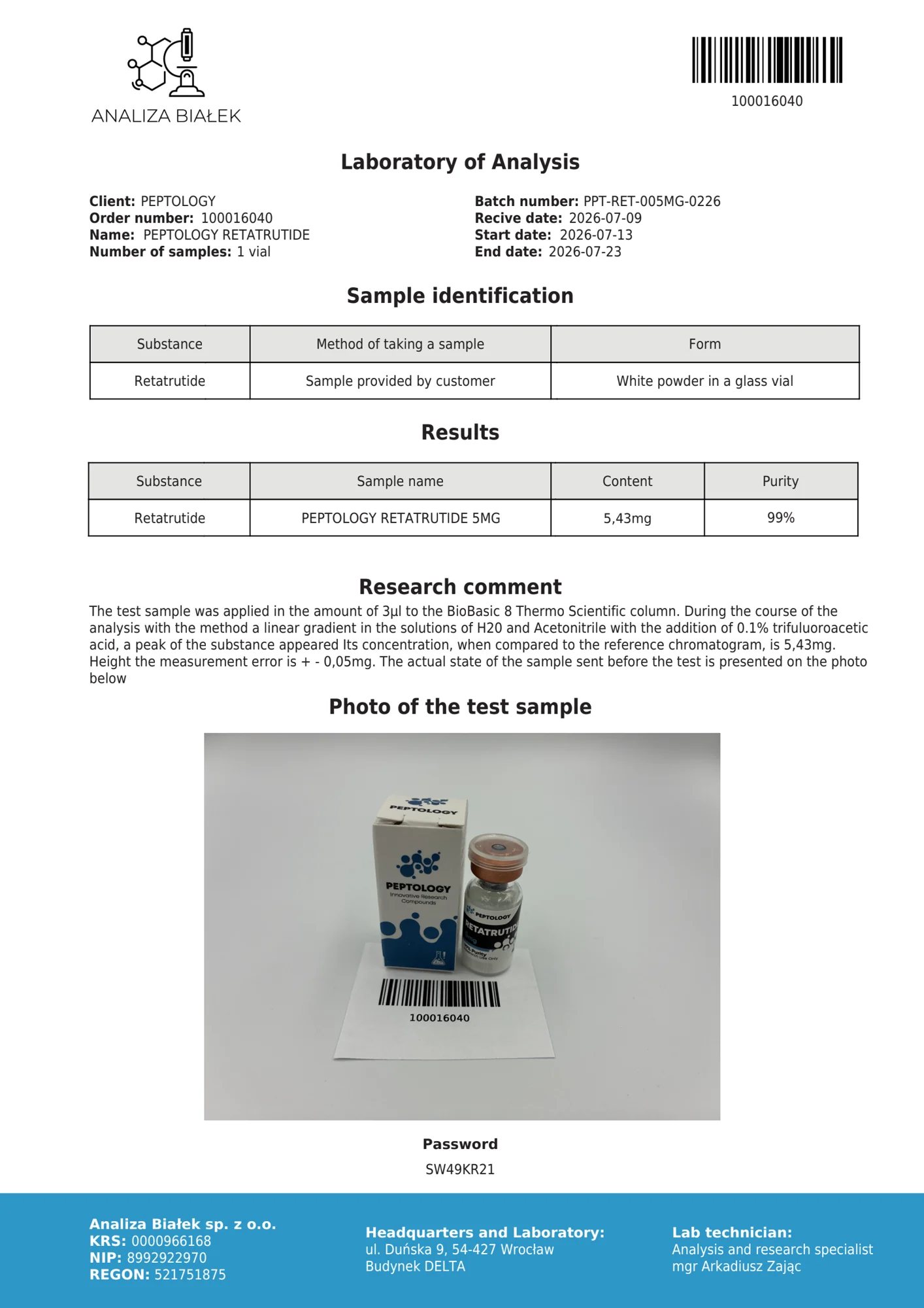 Retatrutide 5 mg – certificat de puritate HPLC, lot 0226