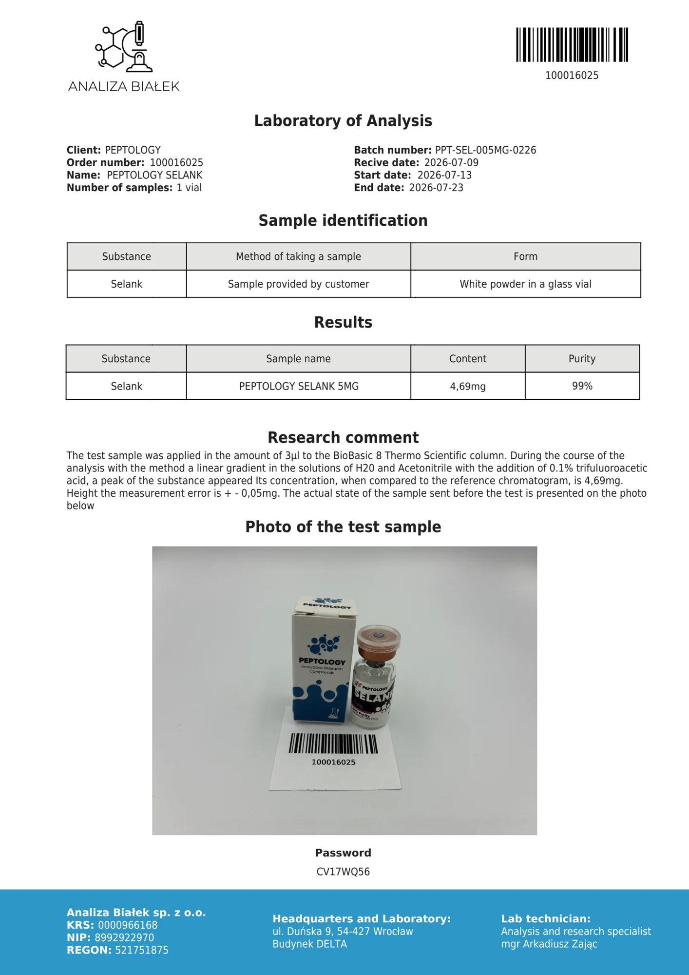 Selank 5 mg – certificat de puritate HPLC, lot 0226