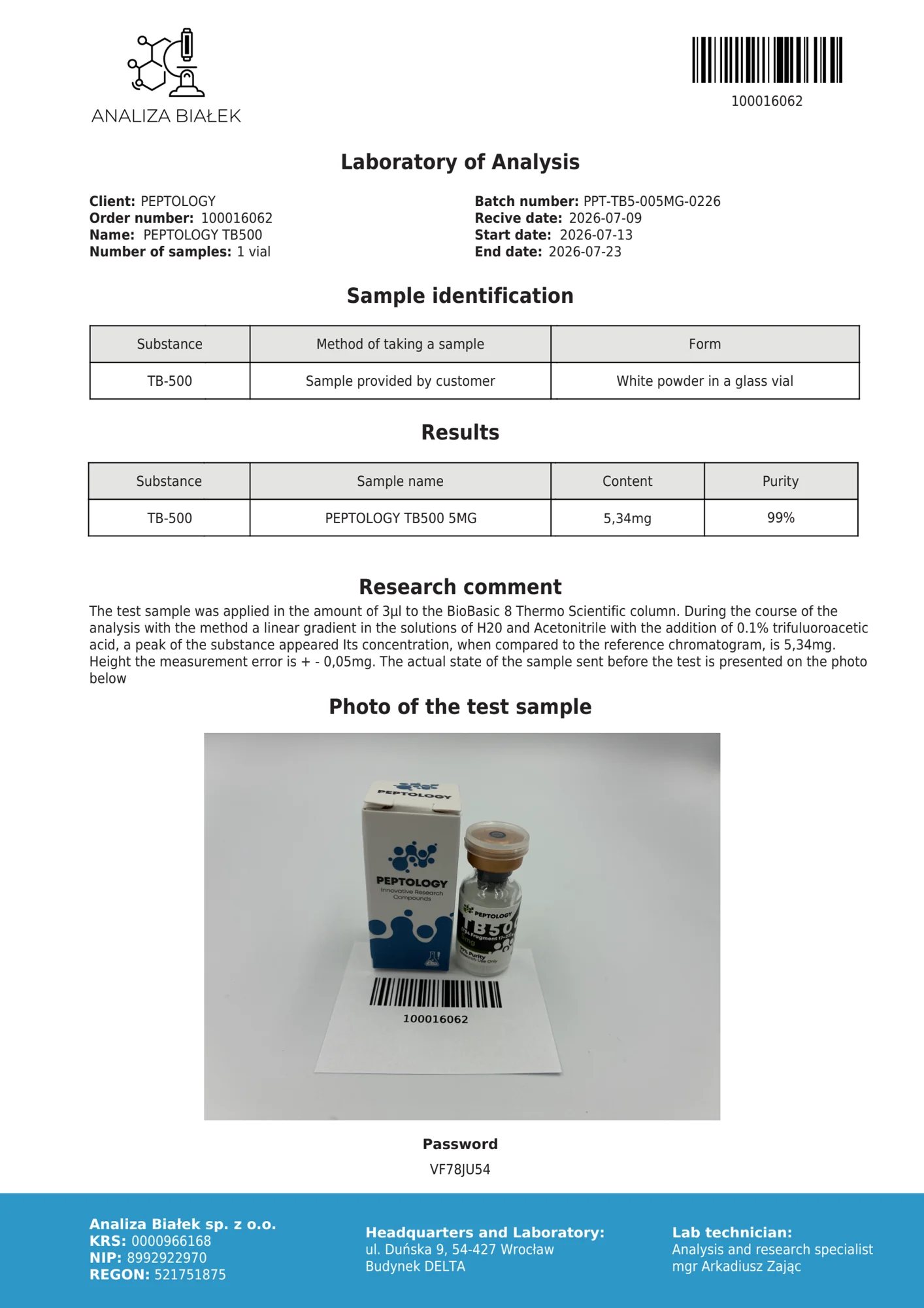 TB500 5 mg – certificat de puritate HPLC, lot 0226