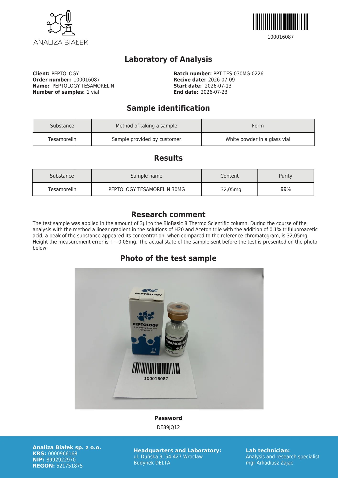 Tesamorelin 30 mg – certificat de puritate HPLC, lot 0226