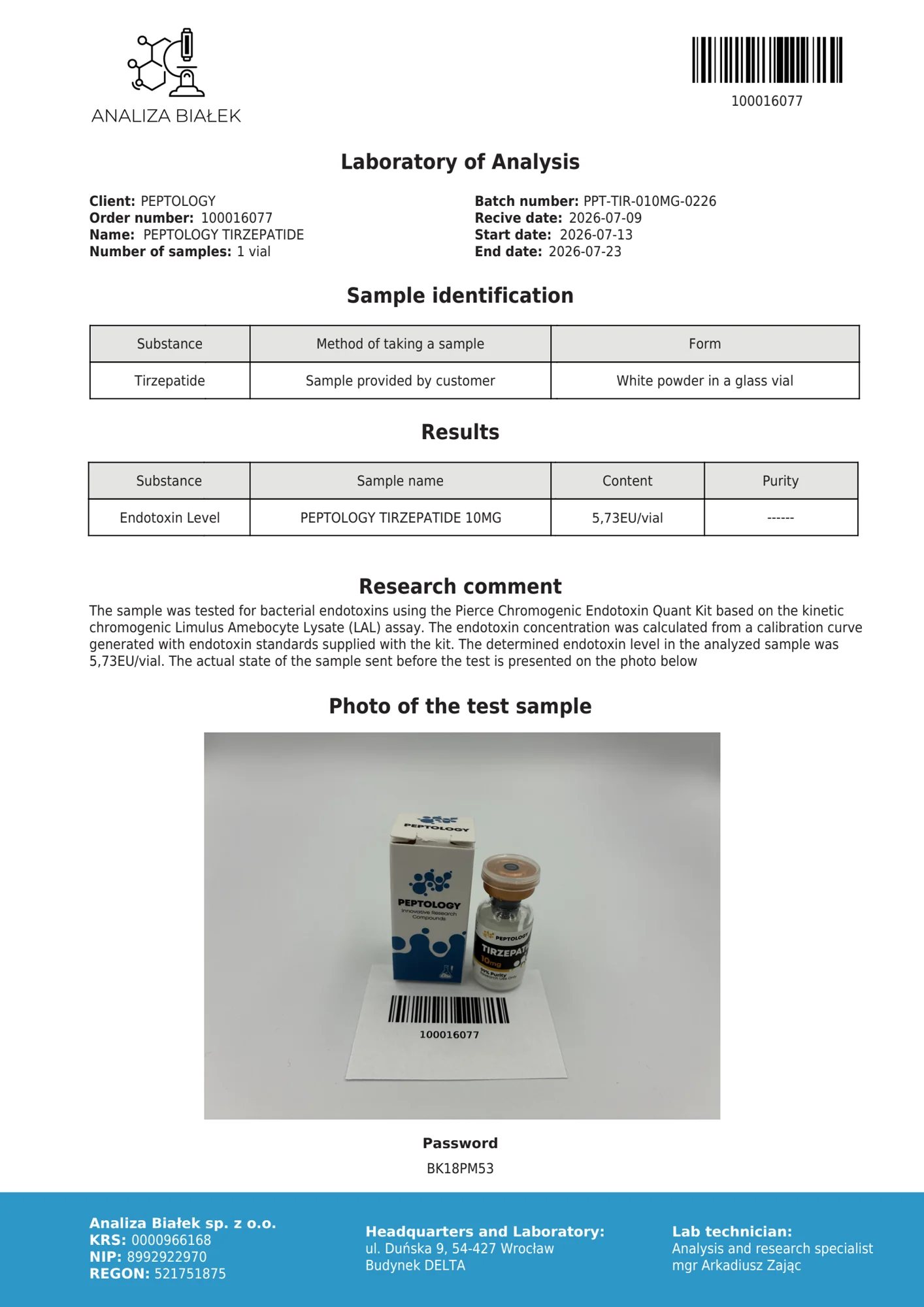 Tirzepatide 10 mg – test de endotoxine, lot 0226