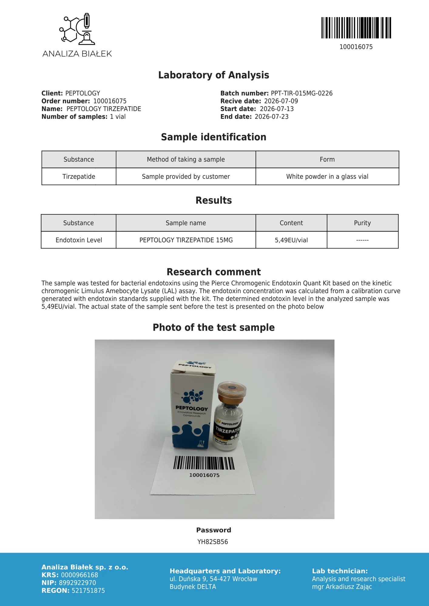 Tirzepatide 15 mg – test de endotoxine, lot 0226