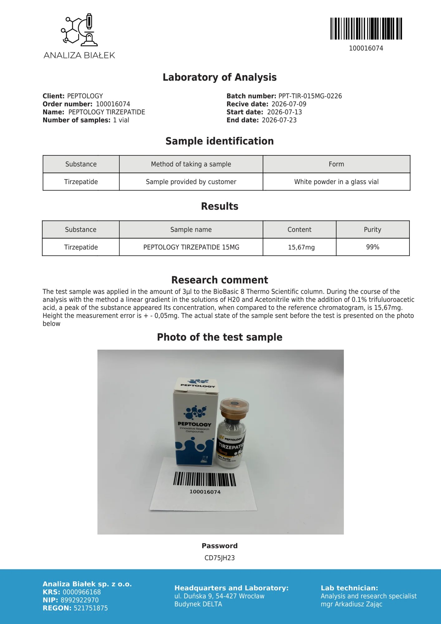 Tirzepatide 15 mg – certificat de puritate HPLC, lot 0226
