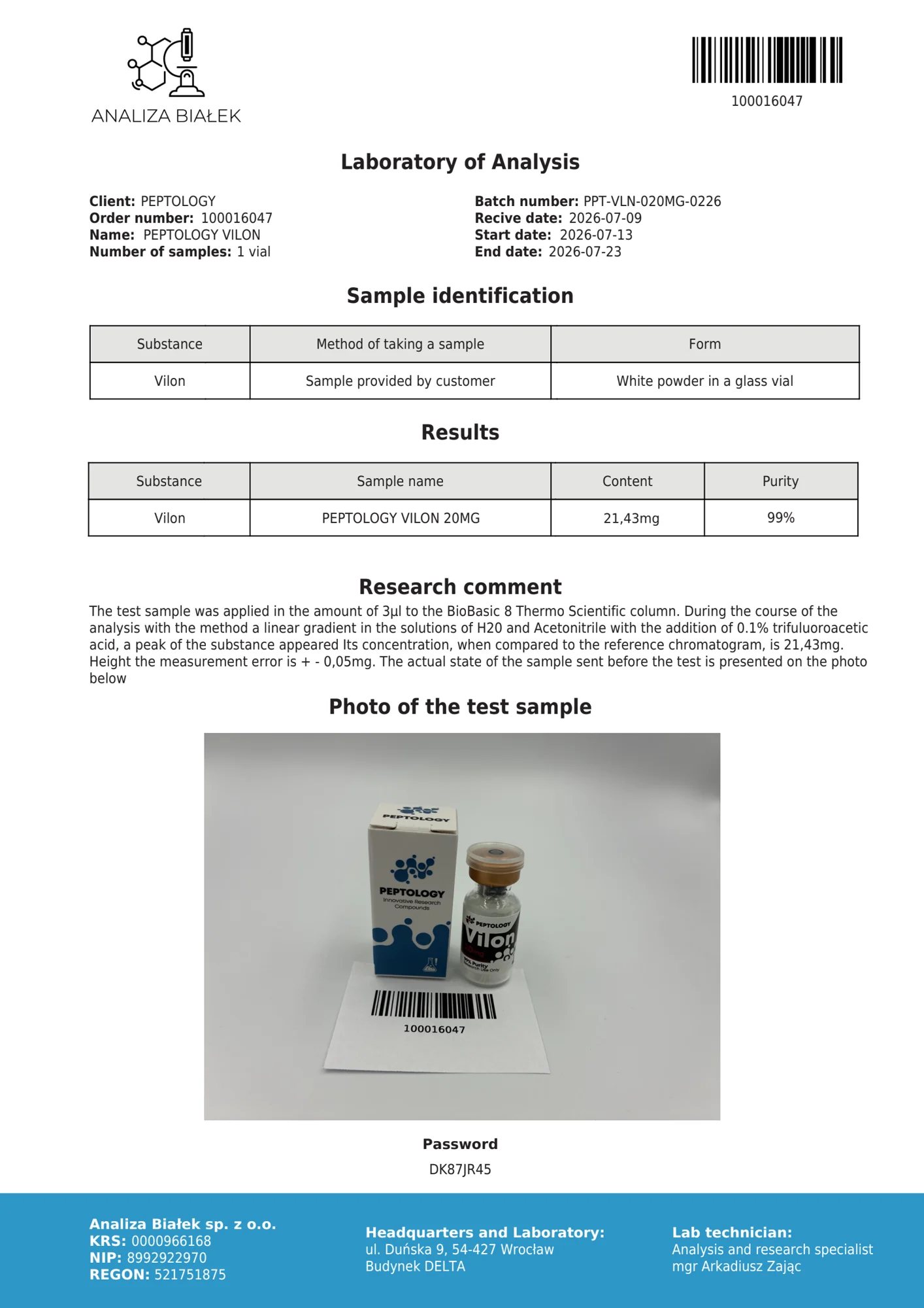 Vilon 20 mg – certificat de puritate HPLC, lot 0226